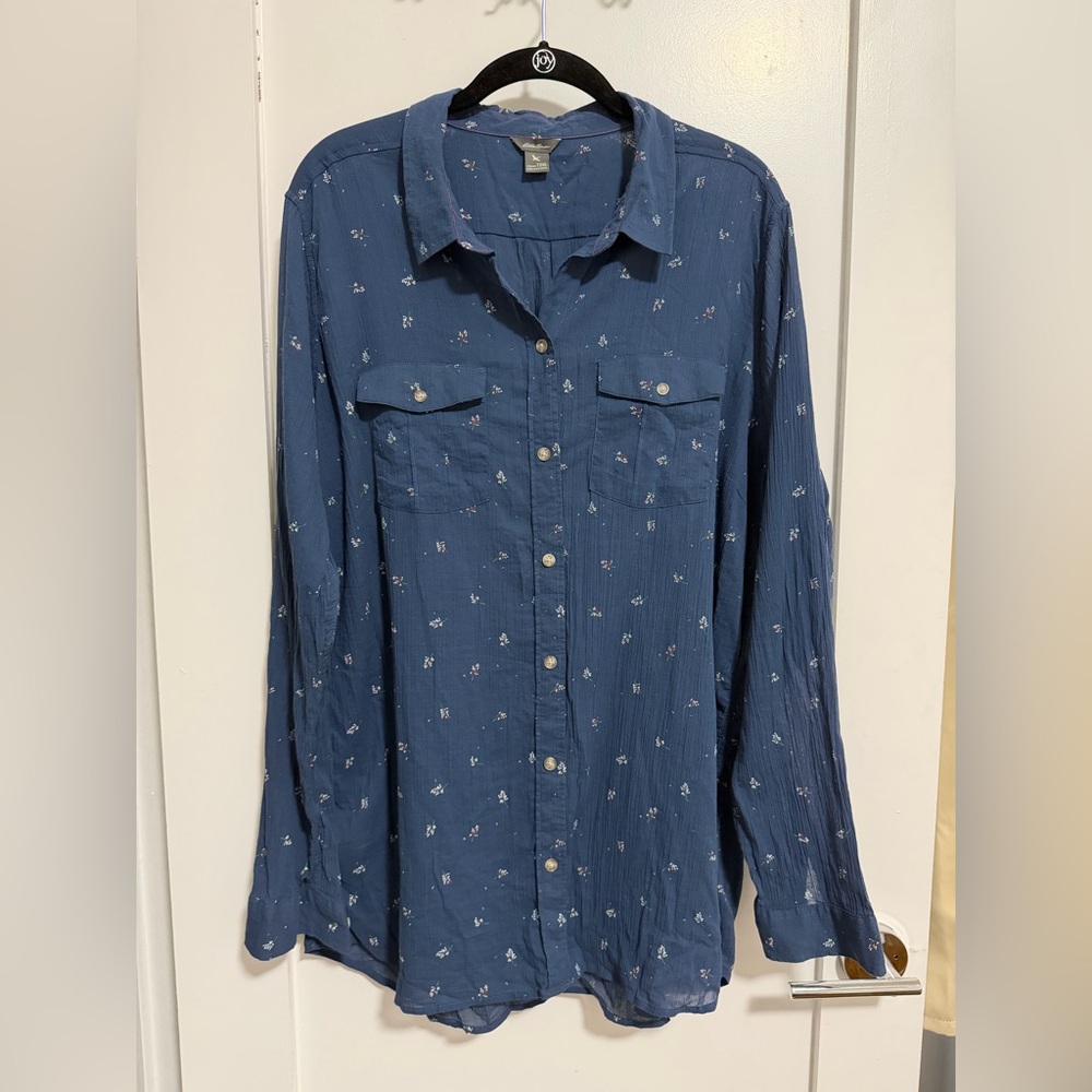 Eddie Bauer Navy Cotton Floral Print Blouse